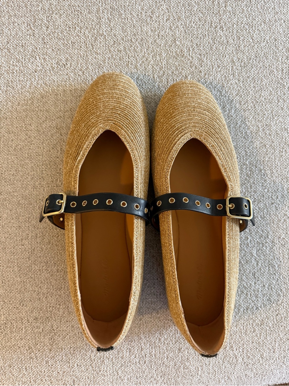 Madewell Woven Tan Mary Jane Flats with Black Buckle Strap